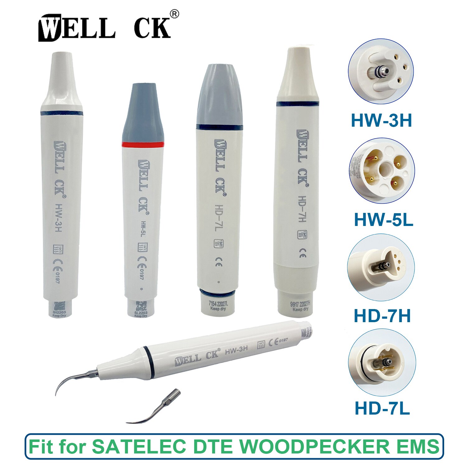 WELL CK Ultrasonic Piezo Scaler Handpiece HD-7H &amp; HD-7L LED Fit for SATELEC DTE Dental Ultrasonic Scalers