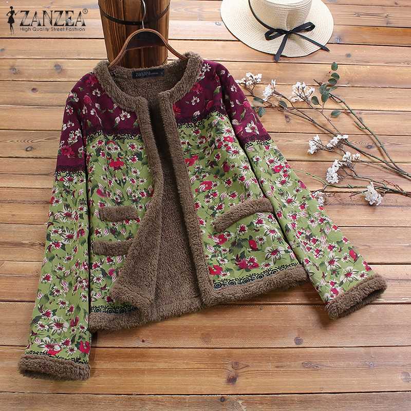 Vintage Open Voorzijde Pluche Pluizige Jassen ZANZEA Winter Bloemen Gedrukt Jassen Vrouwen Lange Mouw Uitloper Vrouwelijke Jas Chaqueta