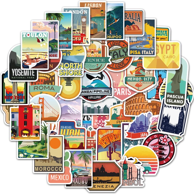 10/25/50PCS Global Travel City Landscape Stickers Decal Vinyl for Suitcase Skateboard Laptop Guitar Sticker