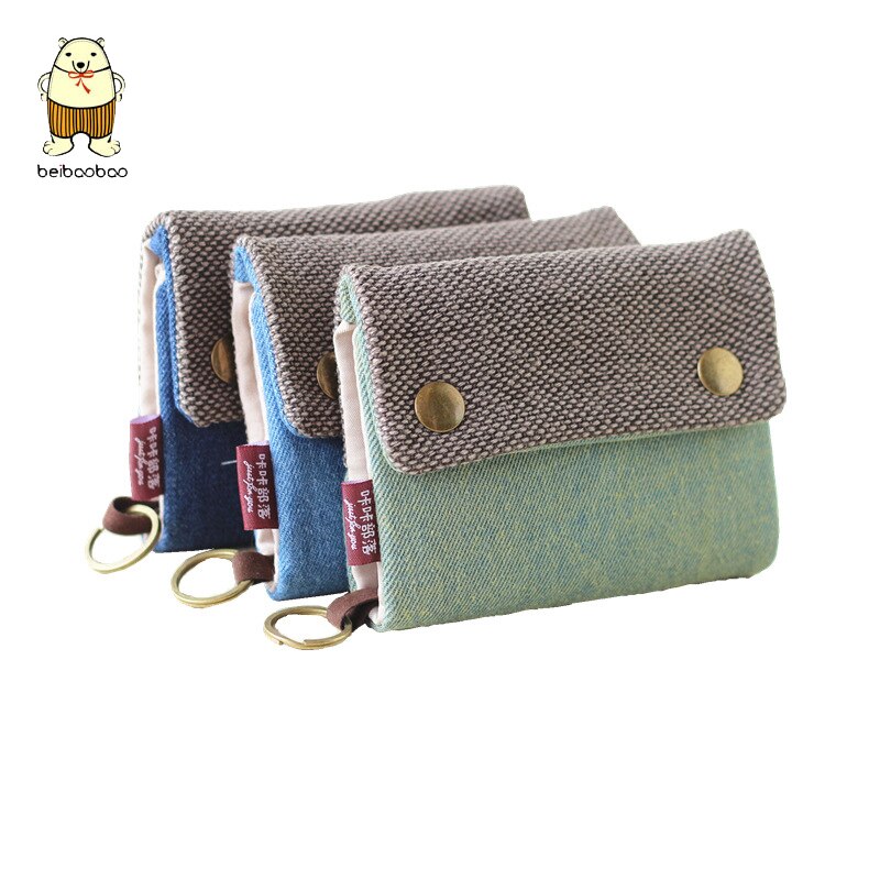 Beibaobao Women Cotton Fabric Short Wallet for Female Large Capacity Gray Blue Ladies Denim Multifunction Men Purse Mini