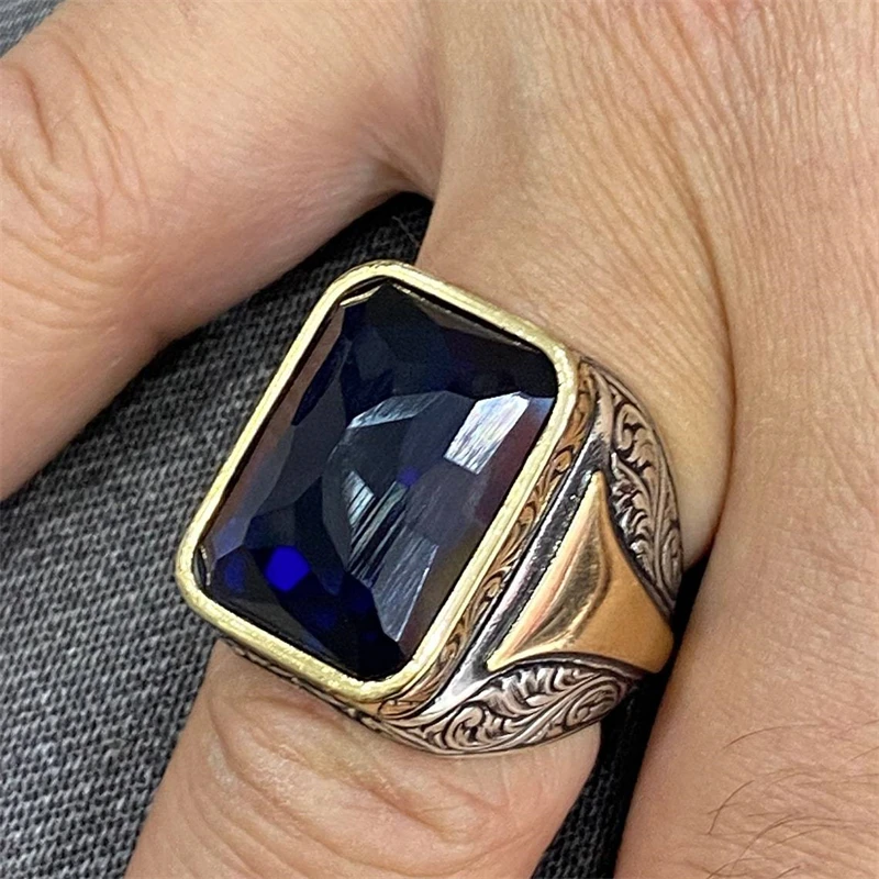 Anillos de piedra azul de Color dorado y plateado con geometría cuadrada delicada para hombre, de joyas de