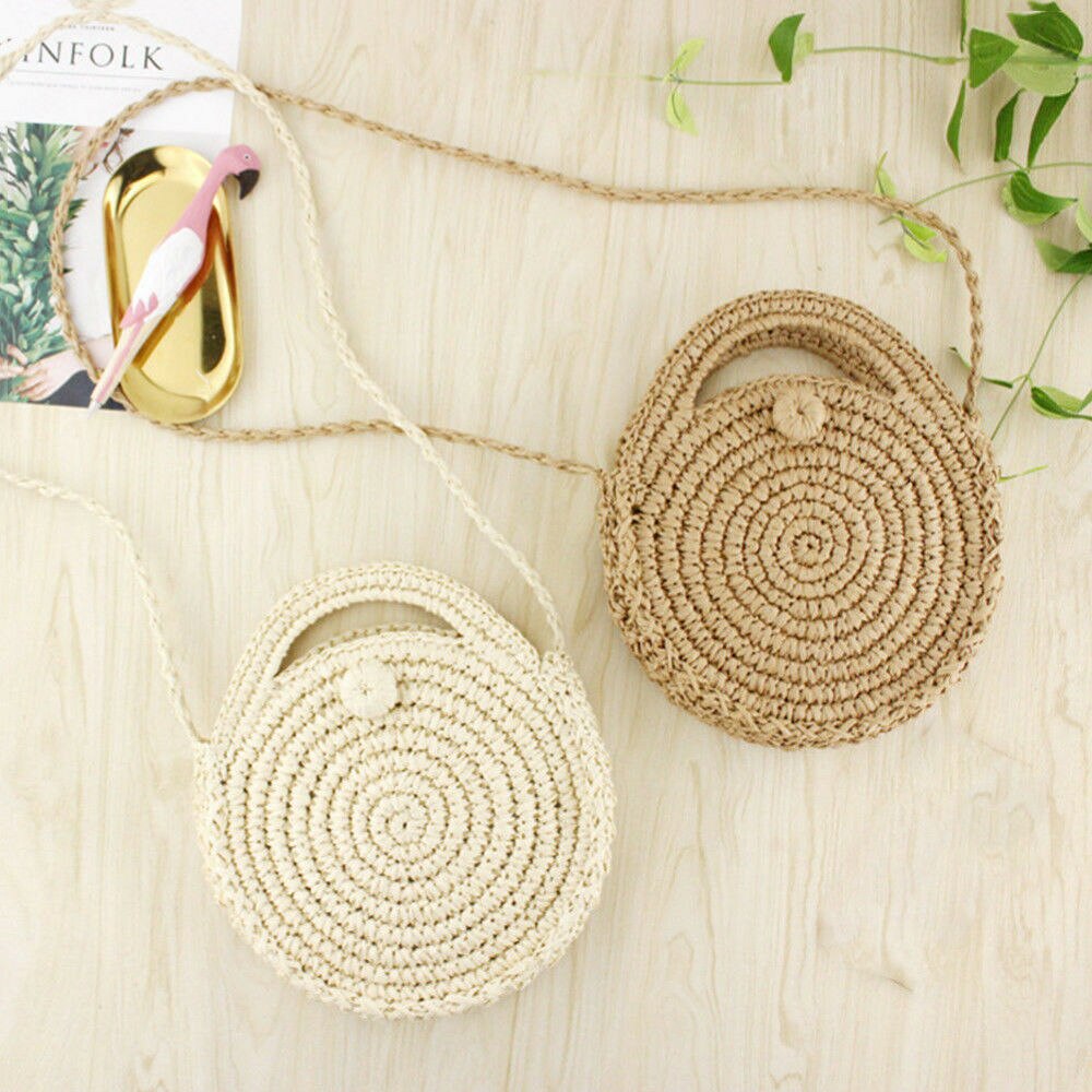 Fashion Women Straw Bag Woven Round Handbag Purse Crossbody Summer Beach Bags