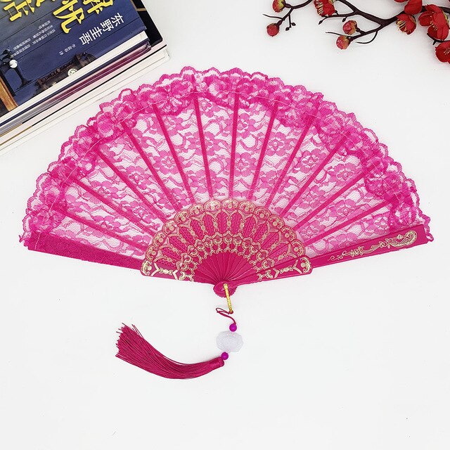 23cm Thin Lace Fan Plastic Bone Hand Fan Art Craft Lolita Japanese Sweet Girl Dance Photo Props Wedding Party Decoration: Rose Pink pendant