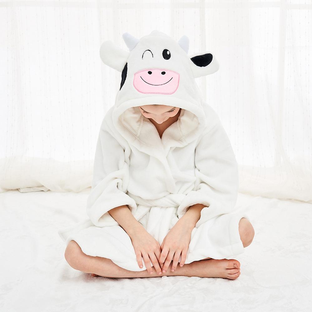 LZH-peignoir en flanelle pour enfants, garçons et filles, pyjama, à manches longues, motif Animal mignon, à capuche: WHITE / M (3-5Y)