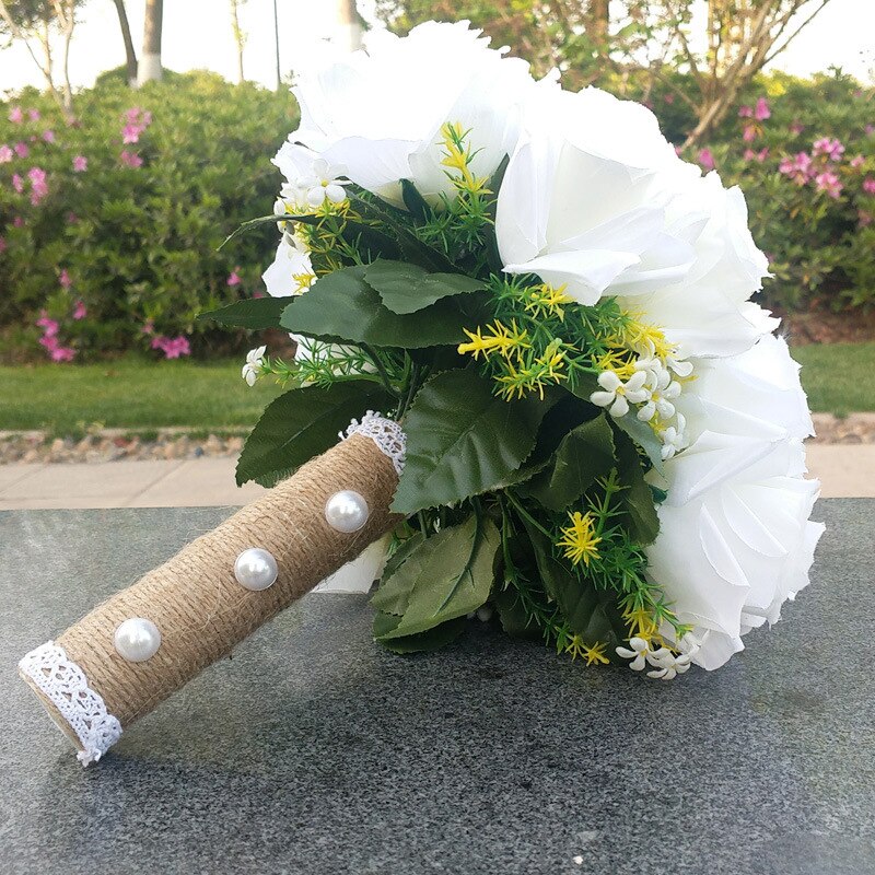 Hvite bryllupsblomster brudebukett mariage kunstige roser bukett de mariage brudepike bukett bryllupstilbehør