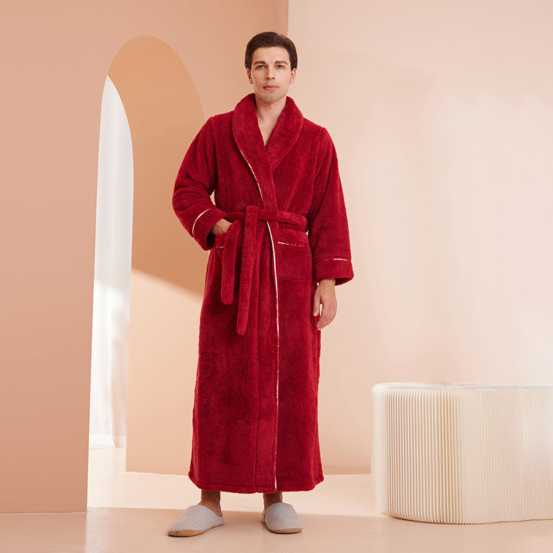 Vrouwelijke Herfst en Winter Warm Lange Flanel Dikke Paar Bad Badjassen Mannen Vrouwen Pyjama Douche Gewaad Badhanddoeken Voor Volwassenen: M / Rood