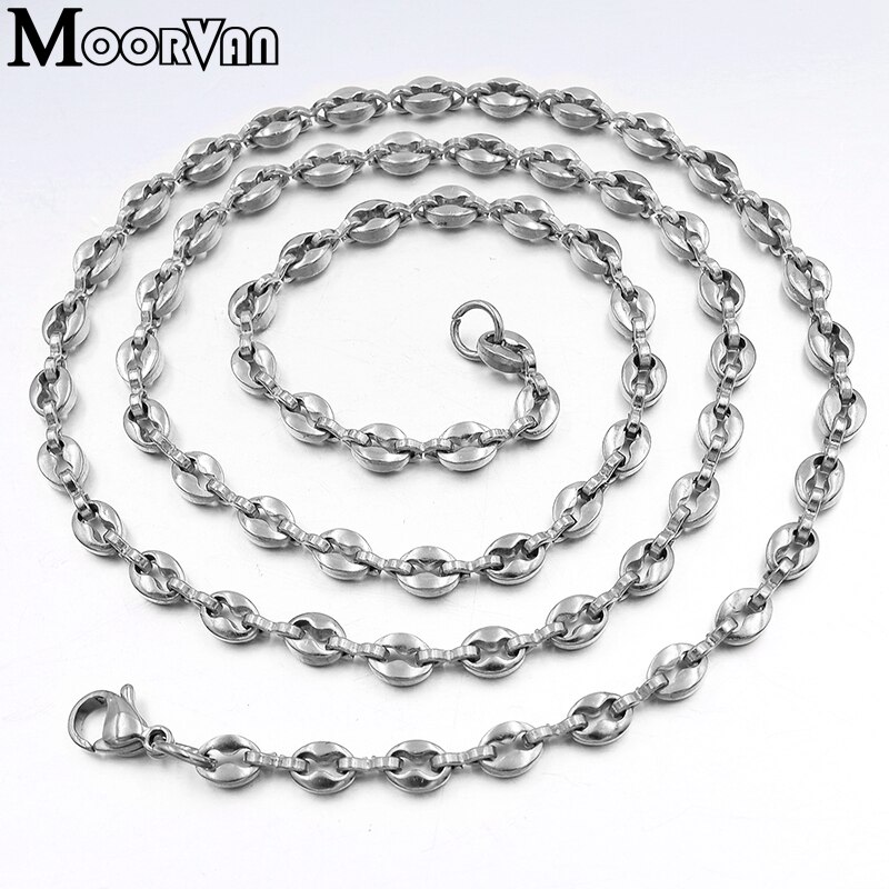 Moorvan Charm Coffee Beans Chain Women Necklace Long 60cm Wide 4.5mm Stainless Steel Men Hip-Hop Necklaces ,Hommes Collier