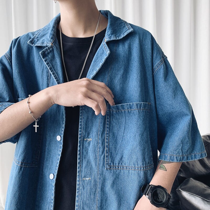 Zomers spijkerhemd met korte mouwen heren gewassen retro katoenen overhemd heren streetwear losse tooling spijkerhemden heren m -2xl