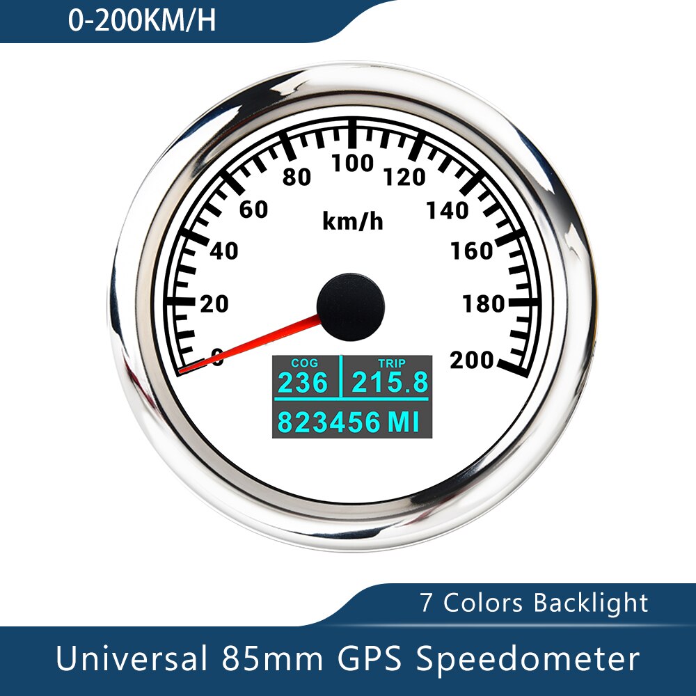 Novo velocímetro de 85mm gps 0-30/60 nós 0-60/80/120/160/200 mph 0-60/120/200km/h com luz de fundo de 7 cores para a motocicleta do barco do carro: 200KWS