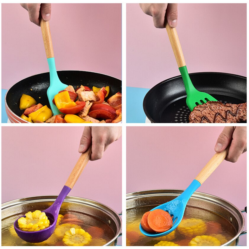 Ustensiles de cuisine en silicone, manche en bois, pelle antiadhésive, cuillère, ustensiles de cuisine, nouvelle couleur, ensemble d'ustensiles de cuisine