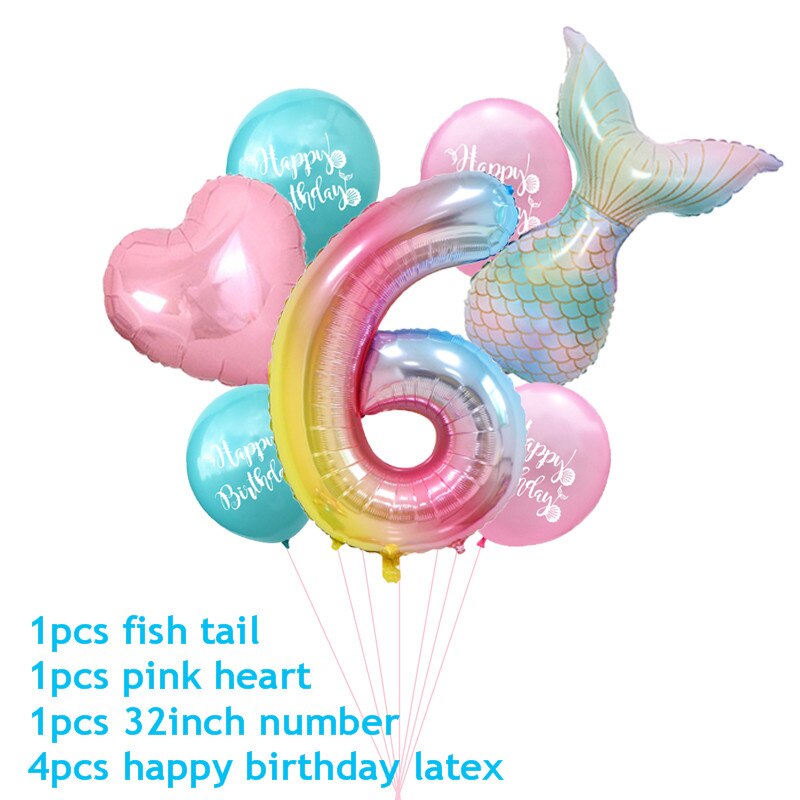 7pcs/lot Mermaid Party Balloons Number Foil Balloon Kids Birthday Party Decorations Baby Shower Decor Helium Globos supplies: 6
