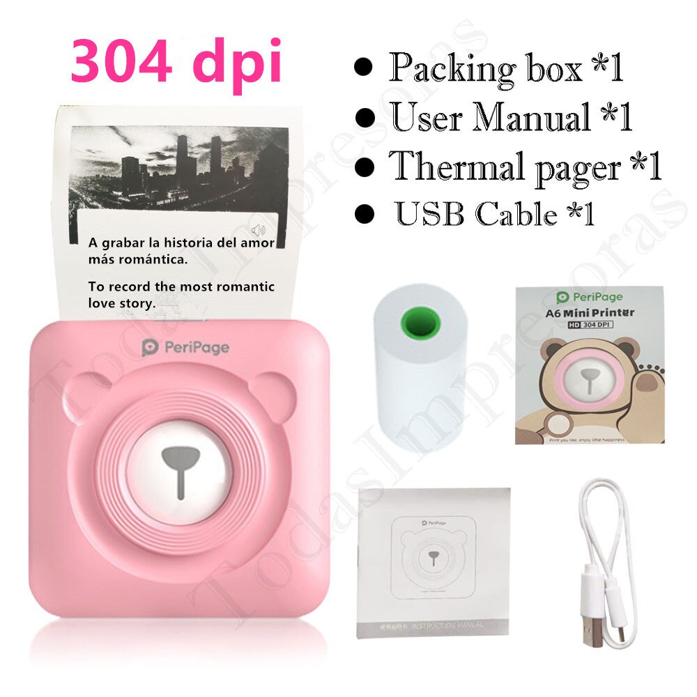 Peripage – Mini-imprimante thermique A6, 304dpi, Bluetooth, couleur marron jaune, téléphone portable, Android IOS,: A6 304 Pink