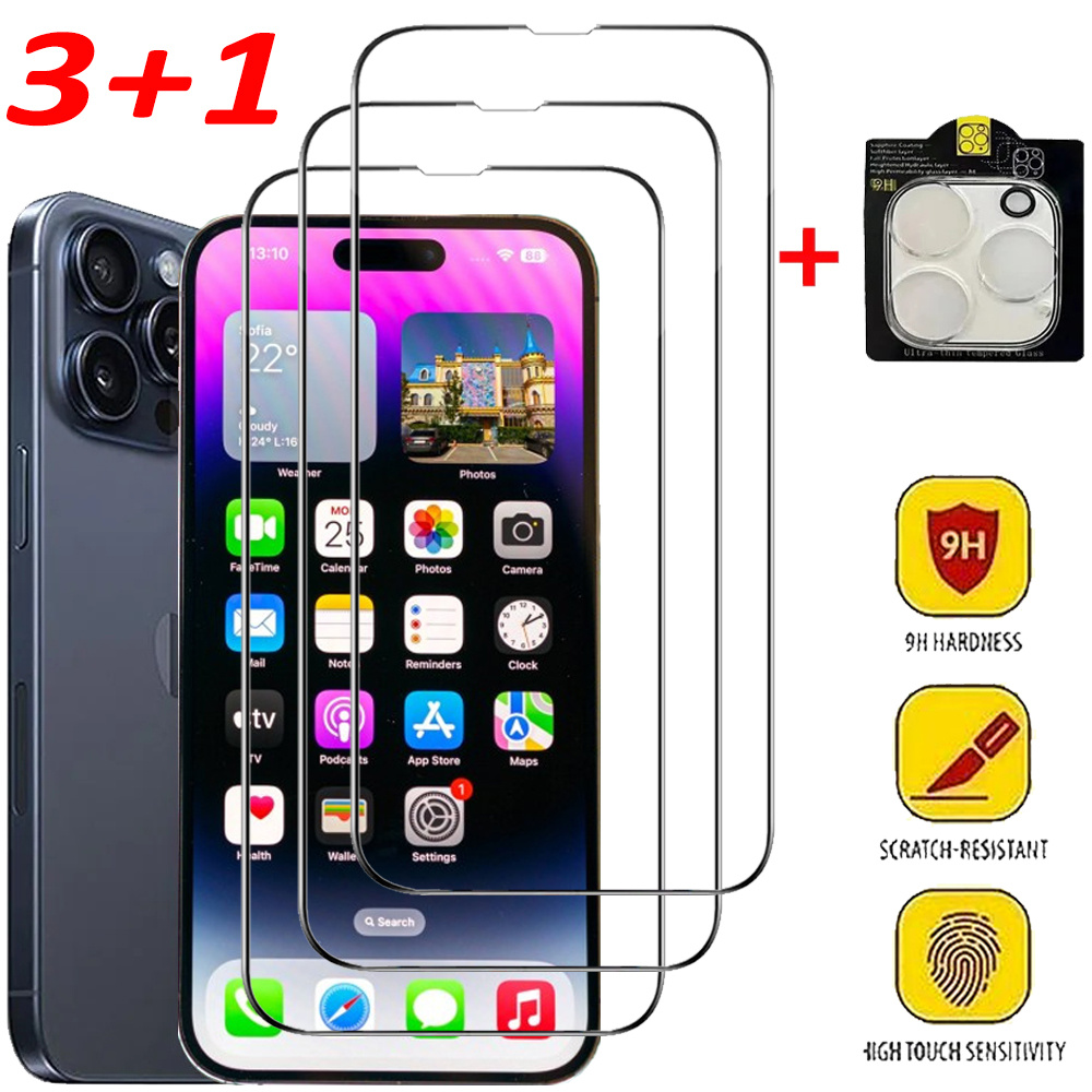 3+1 Verre trempé pour iPhone 16e 16 15 14 13 Pro Max Protection ecran iPhone 16 15 14 Plus verre tremper iPhone 11 12 13 Mini vitre protection iPhone 16e Film caméra iPhone16 verre trempee