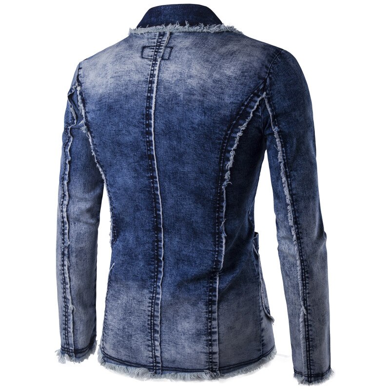 Spring and Summer Foreign Trade Europe and America Slim Solid Color Denim Washed Old Hairy Suit Jacket Dark Blue