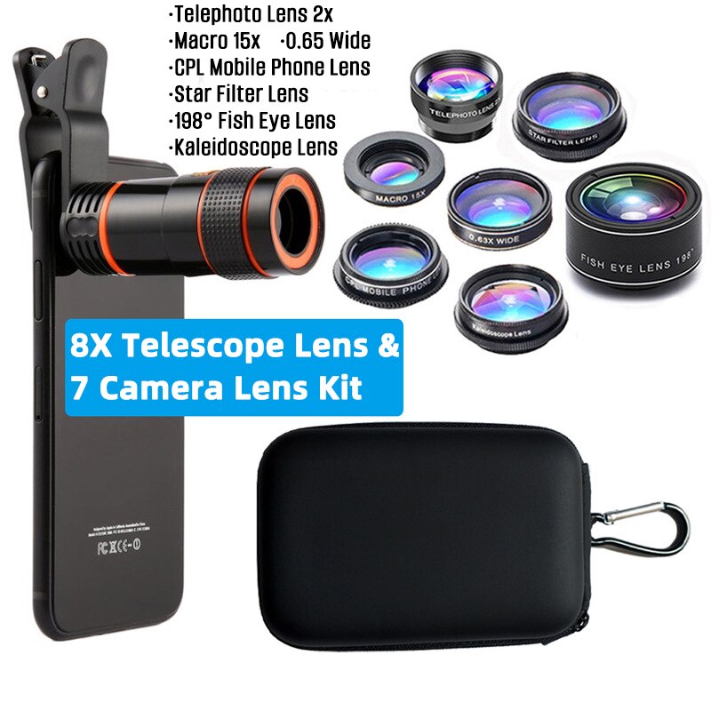 10 in 1 mobiltelefon kamera linsesæt til iphone x  xs 11 6 7 8 vidvinkel makro smartphone fiskeøje zoom teleskop universal: 8 x 7 i 1