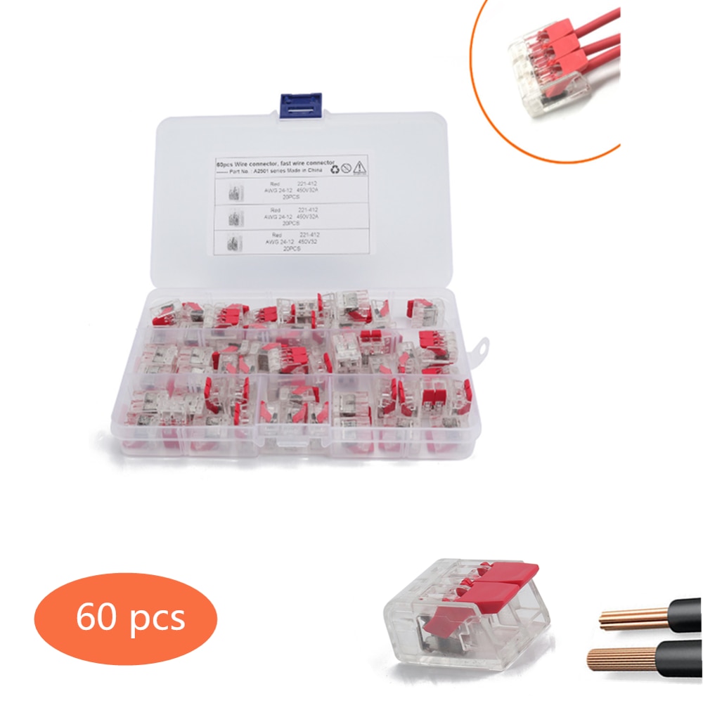 60 uds. Conector de Cable 12-24AWG 2-conductores Clips de empalme compactos Cable Coonnectors cables Clips