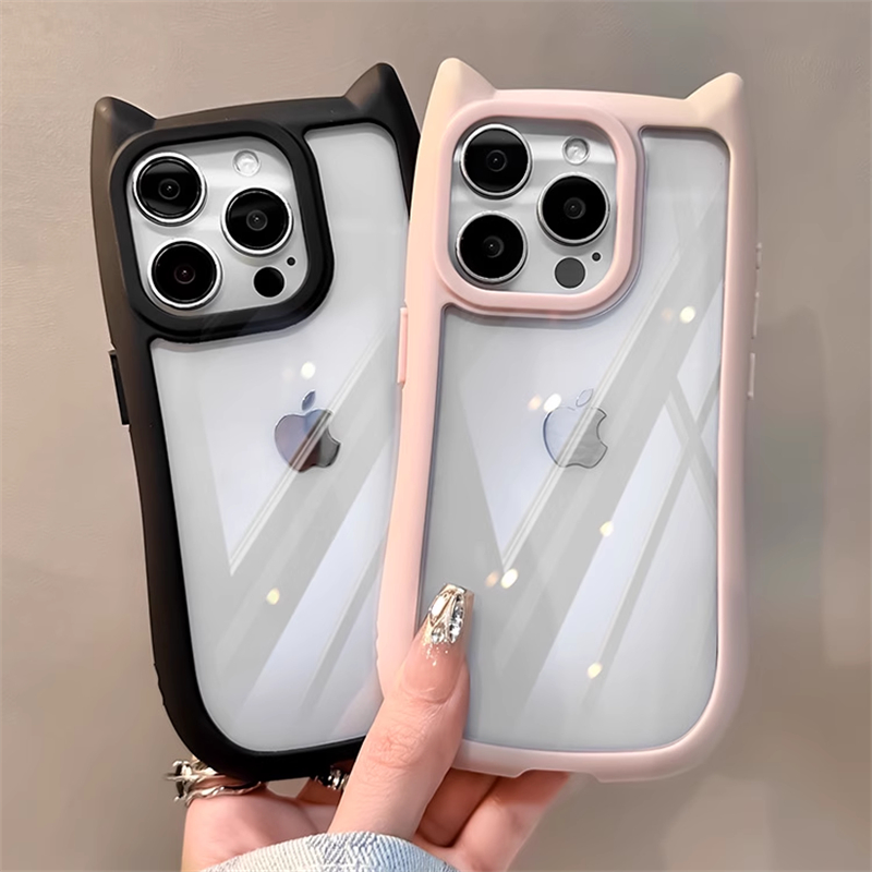 Cartoon 3D Cute Cat Ears Silicone Bumper Shockproof Phone Case For iPhone 15 14 13 12 Pro Max 11 Transparent Acrylic Hard Cover