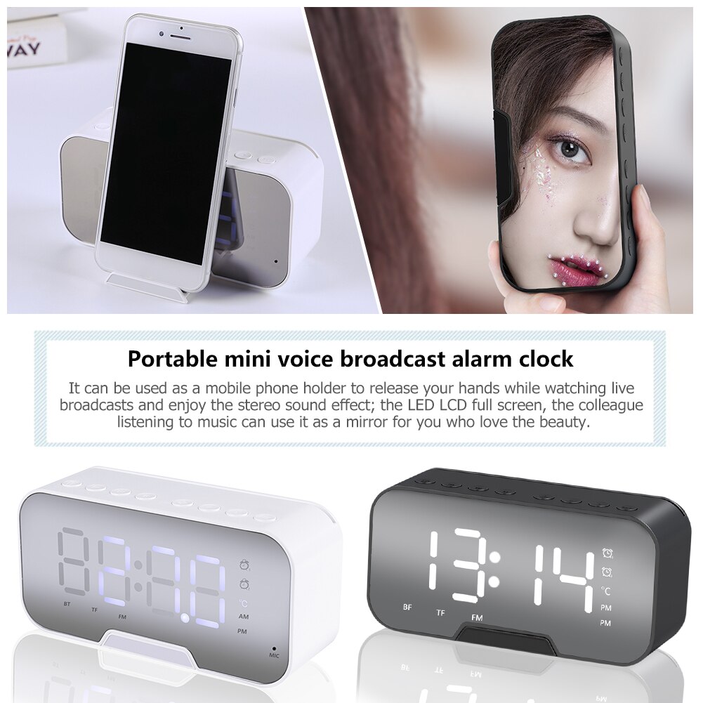 LED Mirror Alarm Clock Sound-Activated Clock Multifunction Rechargeable Bedside Music Clock Dual Alarms with Snooze Function