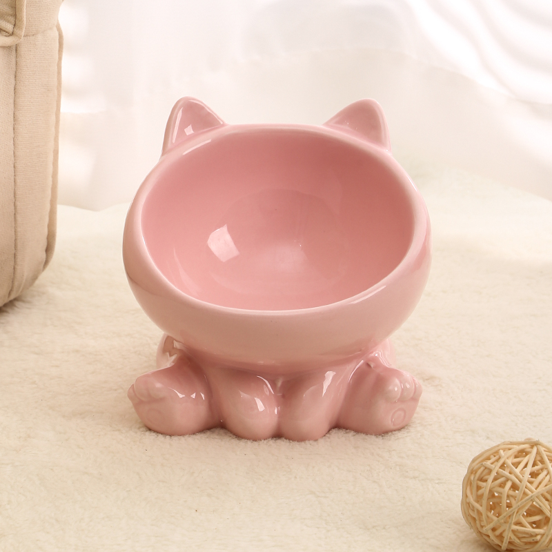 Cat Bowl Integrated Ceramic Diagonal High Feet Cute Protection Cervical Spine Dog Bowl Drinking Cat Bowl Against Black Chin: Pink