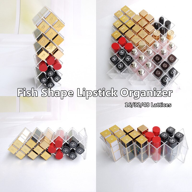 48/32/16 Lattices Plastic Lipstick Organizer Standing Makeup Storage Rack Table Lip Gloss Holder Transparent Cosmetics Container