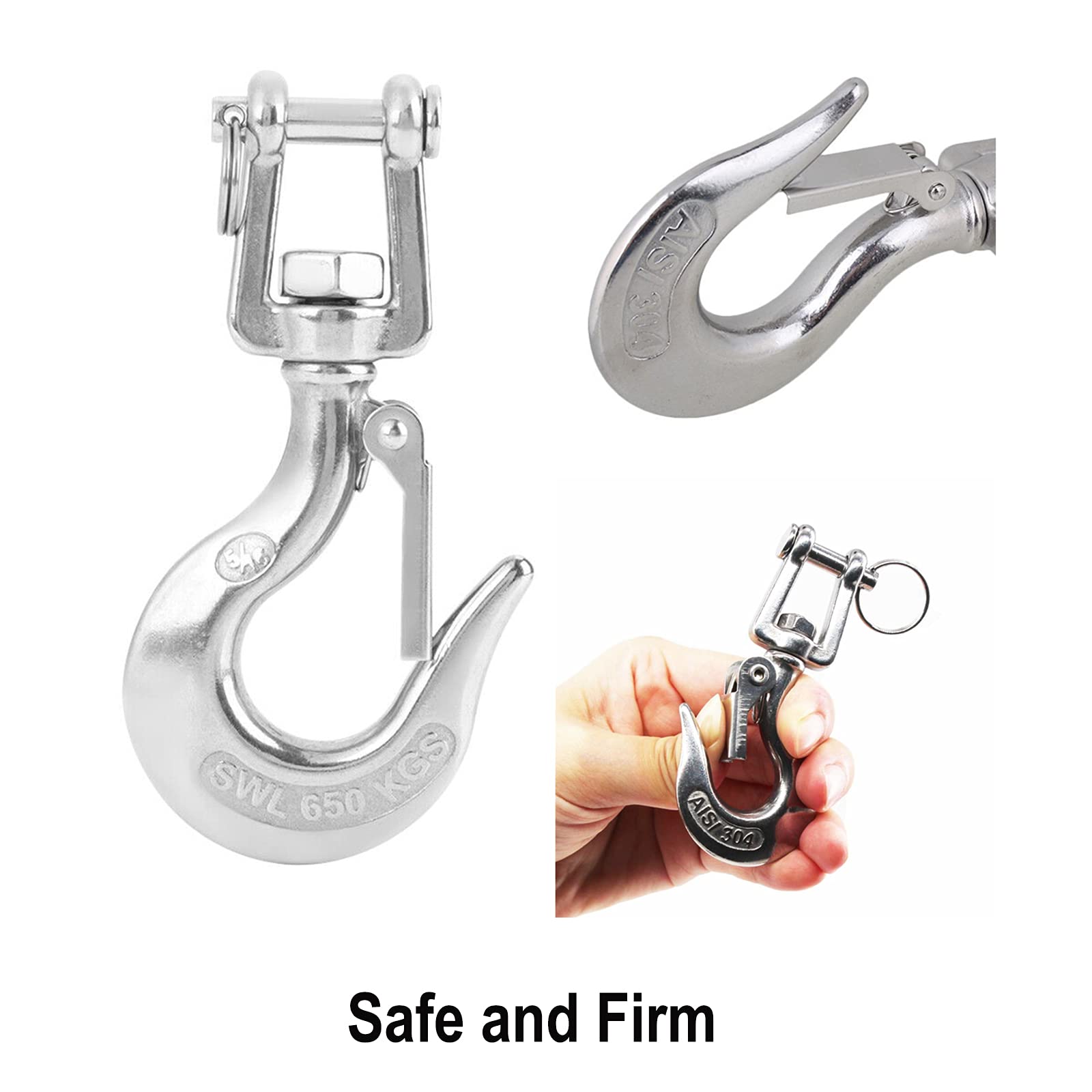2Pcs 3/16 Inch Slip Hook 304 Stainless Steel Clevis Slip Hook American Type Swivel Lifting Hook with Safety Latch (150kg/330lb)