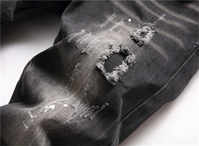 Pantalones vaqueros rasgados negros para hombre, ropa de calle de para hombre, vaqueros rectos con agujeros, de dibujo grafiti, informales, ajustados, NZ108