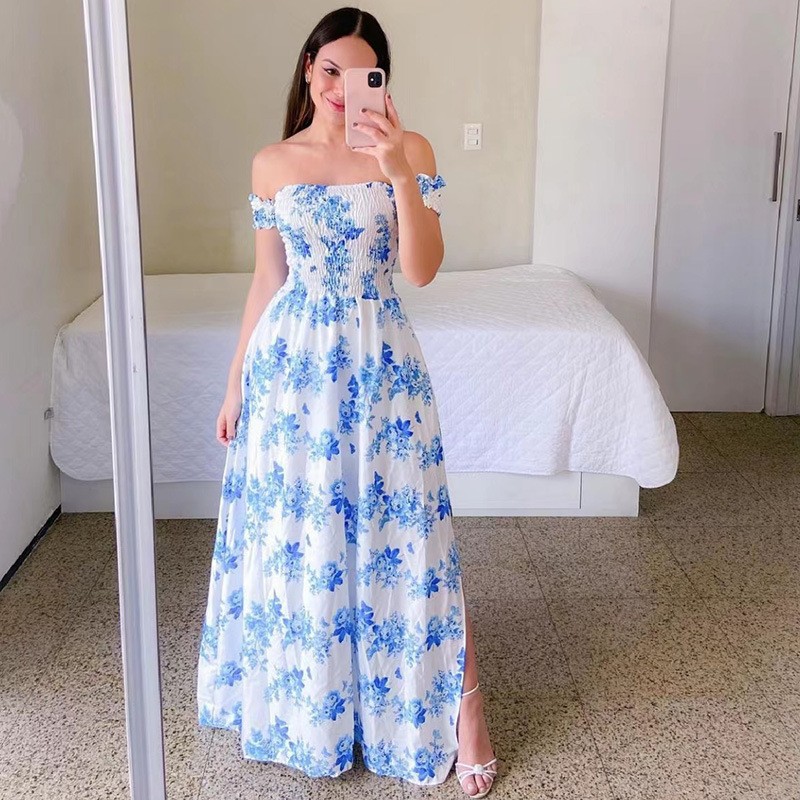 Moda feminina um ombro impresso split doce e elegante borboleta arco-íris vestido longo senhora vestidos flor sólido colorido: S / Laranja
