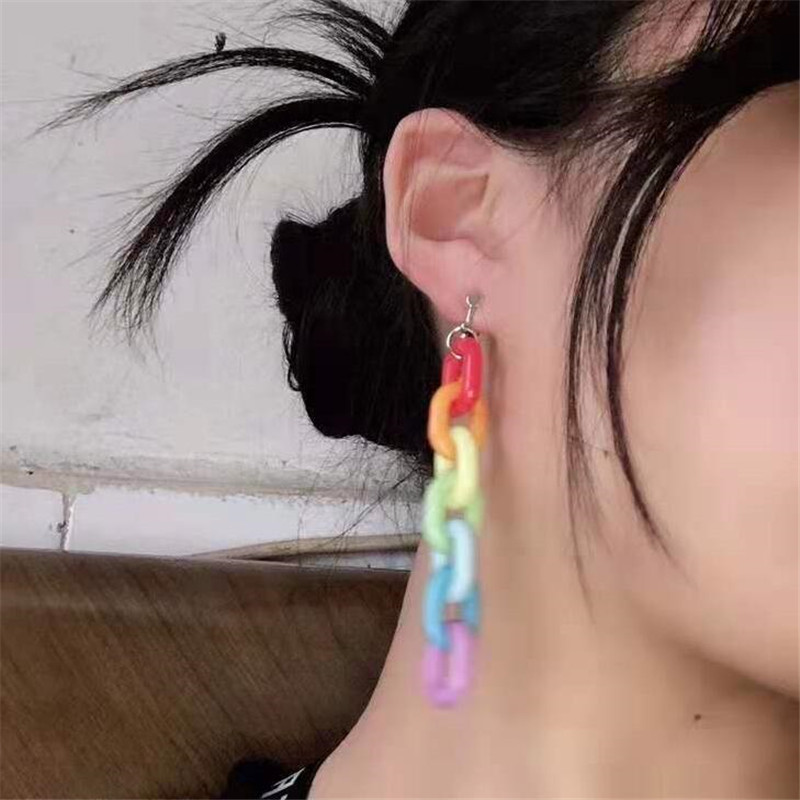 without piercing 7 color rainbow acrylic chains clip on earrings women trendy plastic chains clip earring brincos di154