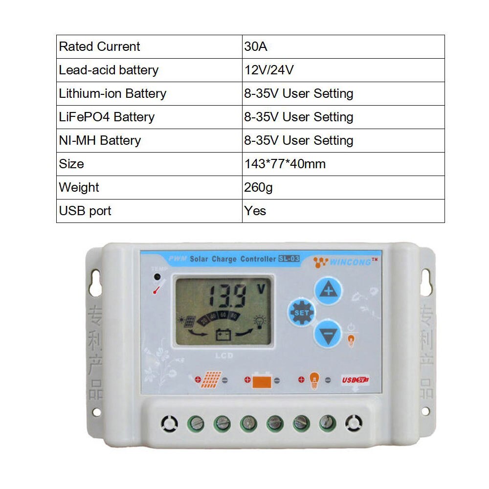 1Stck 10A 20A 30A Wincong Solar- Laderegler 12V 24V LI LI-Ion NI-MH LiFePO4 Batterie Regler Einstellbar: SL03-30A