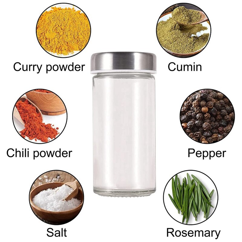 -6 Spice Jars With Shaker Insert, Stainless Steel Lid, Spice Jars, Round Spice Shaker, Transparent Spice Container
