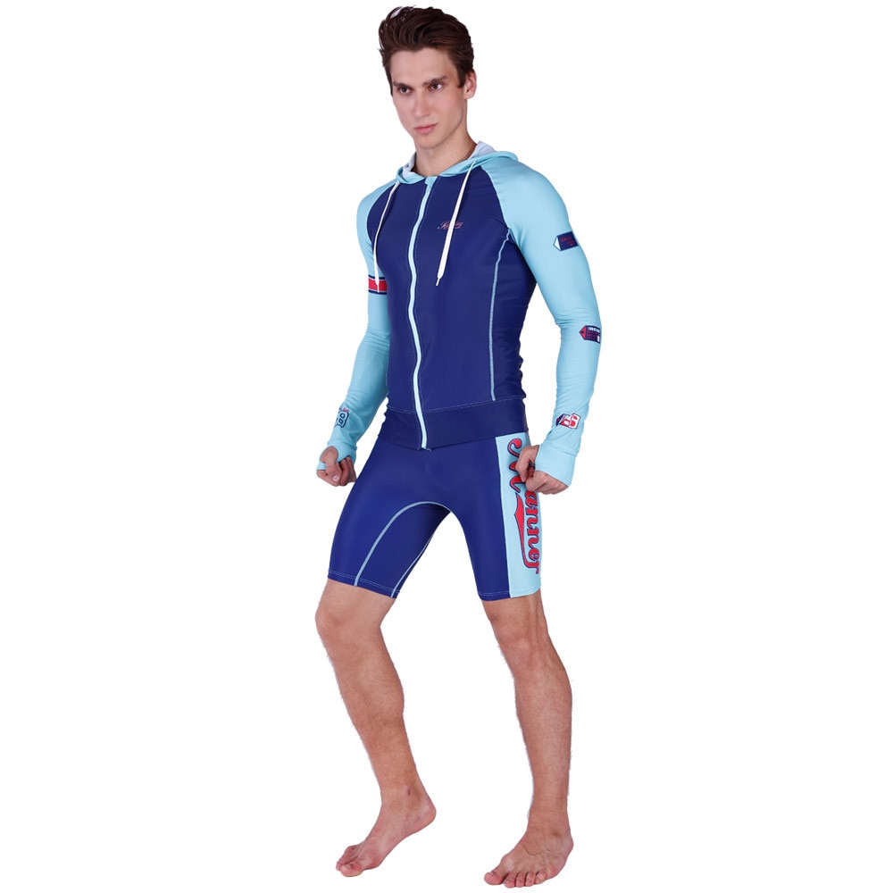 SABOLAY Mannen elasticiteit Rash Guard Pak UV Bescherming Lange Mouwen hooded Windsurf Surfen Tops Korte broek Swimwear