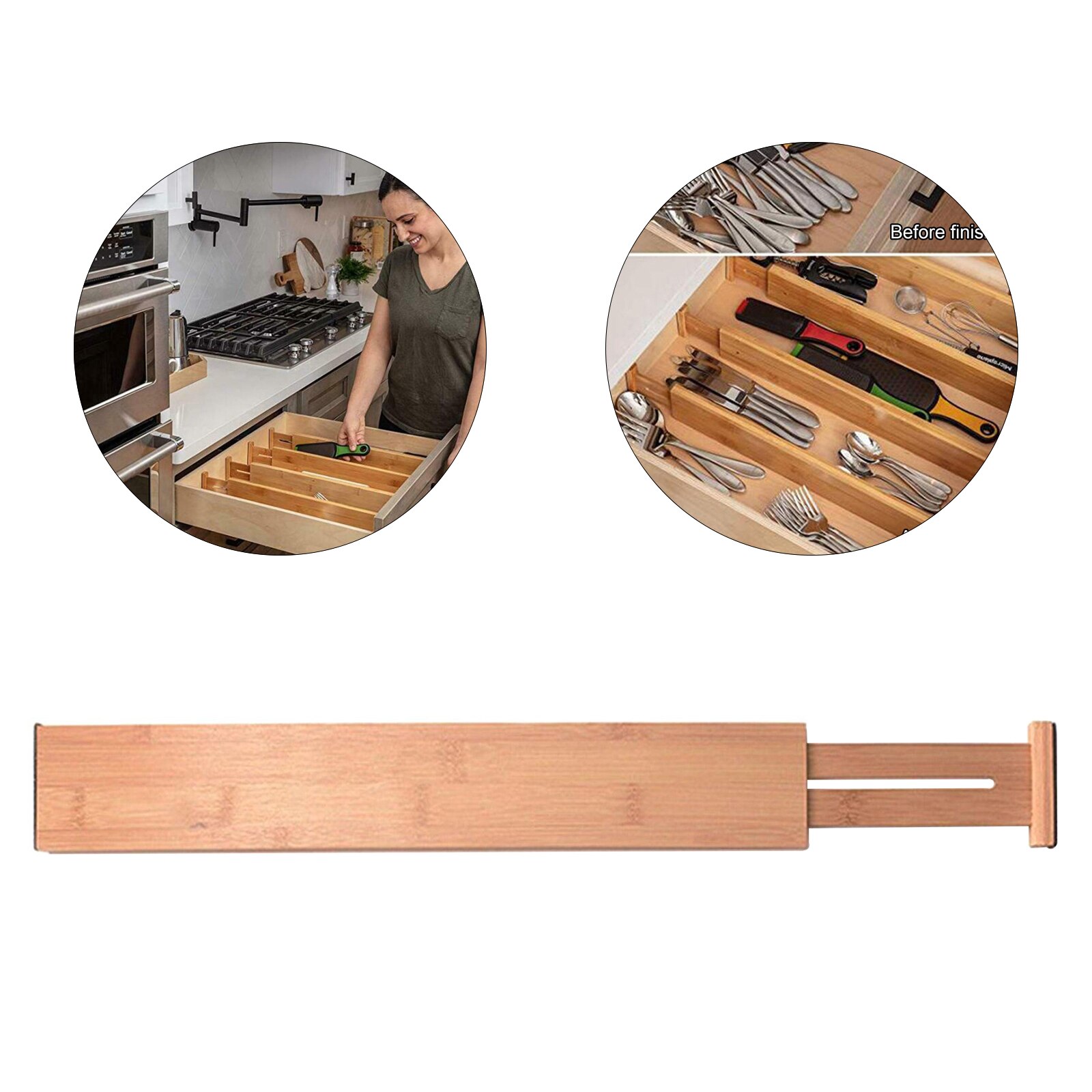 Separadores de cajones de bambú expandibles, utensilio ajustable, organizador para cocina, dormitorio, baño y oficina: 56cm