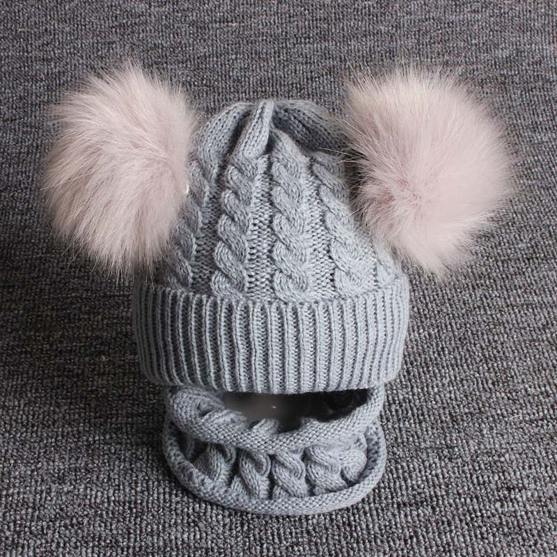 2 stuks/set winter baby muts sjaal schattige dubbele pompon mutsen sjaals gebreide warme baby jongen meisje muts o ring sjaal: 1-3 jaar grijs
