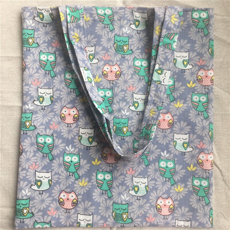 Katoenen linnen eco-markt boodschappentas schoudertas print uilen paarse bloemenbasis 2033f