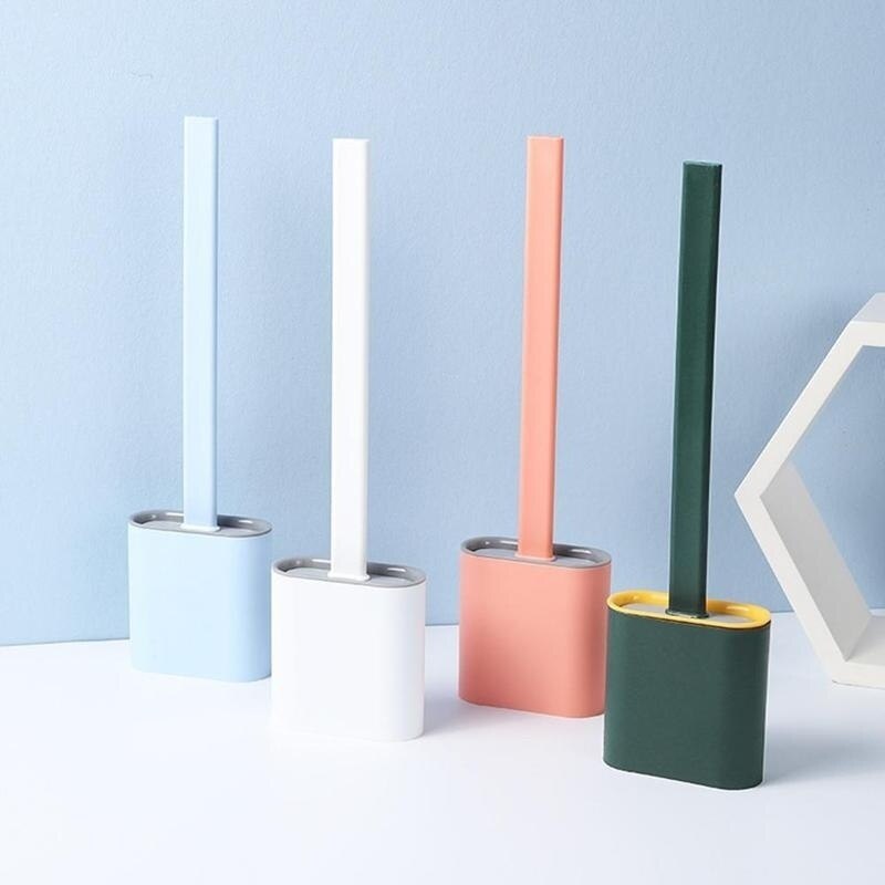 1pc silikon wc toalettbørste veggmontert flatt hode fleksibel myk børste hurtigtørkende holder 2 stk back stick baderomstilbehør