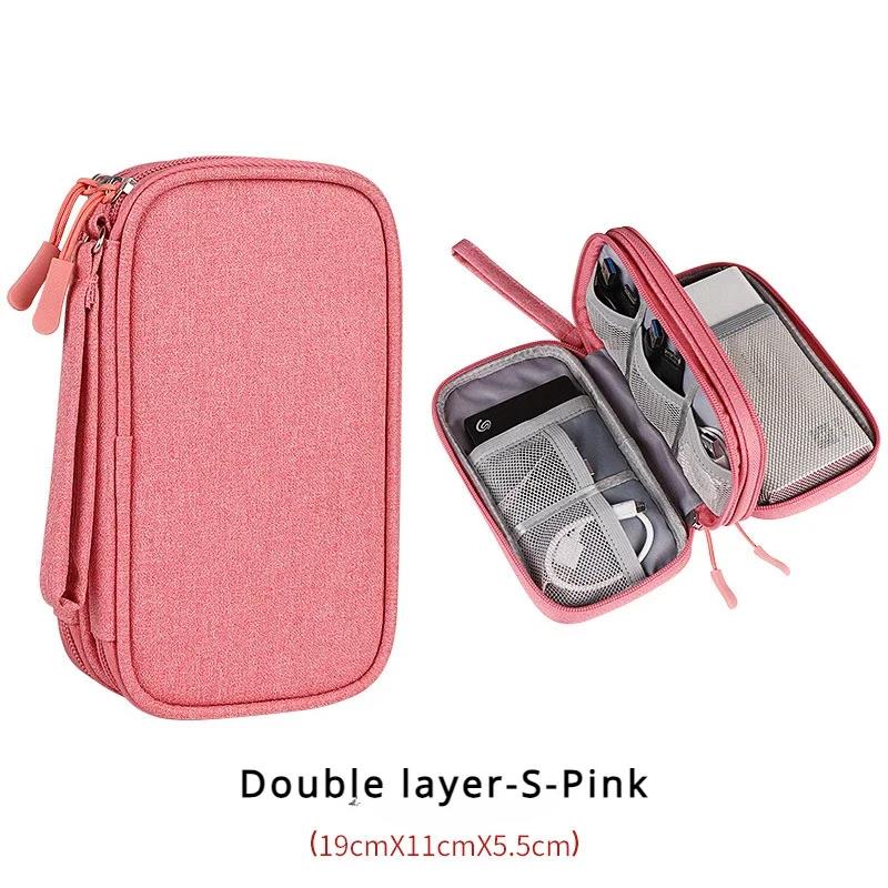 Reise-Organizer, Elektronik-Zubehör-Organizer, tragbar, wasserdicht, doppellagig, Aufbewahrung für Kabel, Festplatte, Powerbank: Rosa