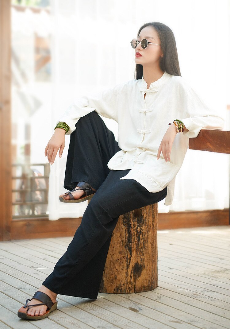 Herfst Vintage 3 Effen Kleur Casual O Hals Vrouwen Losse Katoen Lijn Blouse