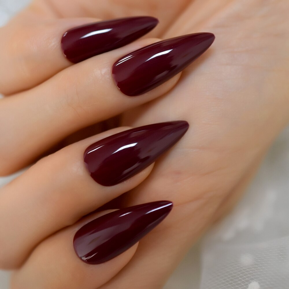 Faux ongles bordeaux à pointe pointue, en acrylique, pour Salon, couverture complète avec autocollant gelée, 24 pièces