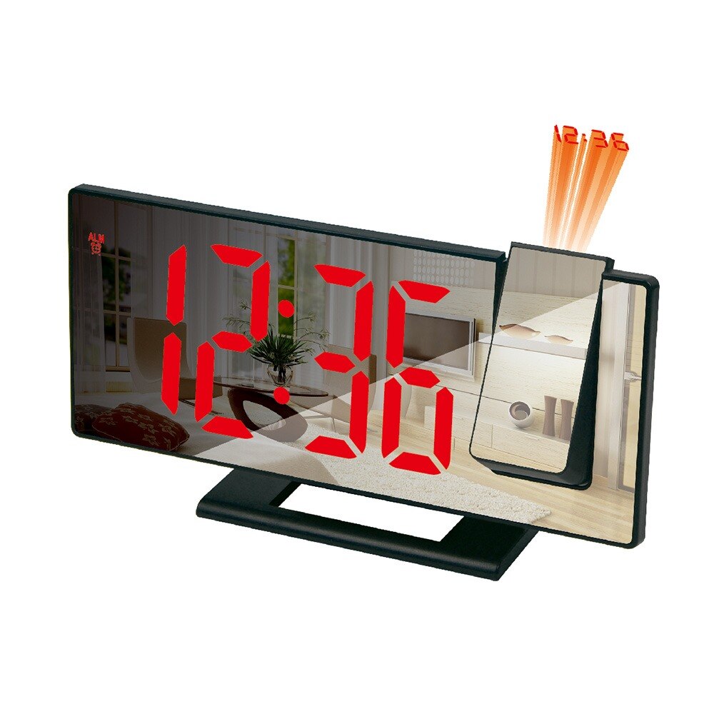 Reloj Digital de despertador con efecto espejo y luz LED para mesilla de noche y dormitorio, Despertador con USB, Radio FM, proyector de tiempo, reloj para mesilla de noche y dormitorio: B-black red