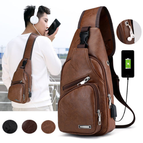 Men's Leather Sling Pack Chest Shoulder Crossbody Bag Biker Satchel Men Briefcases Sales