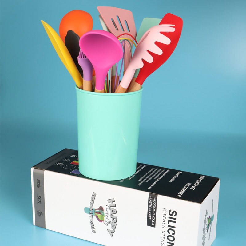 Kitchen Silicone 12-piece Set Wooden Handle Nonstick Silicone Cookware Set