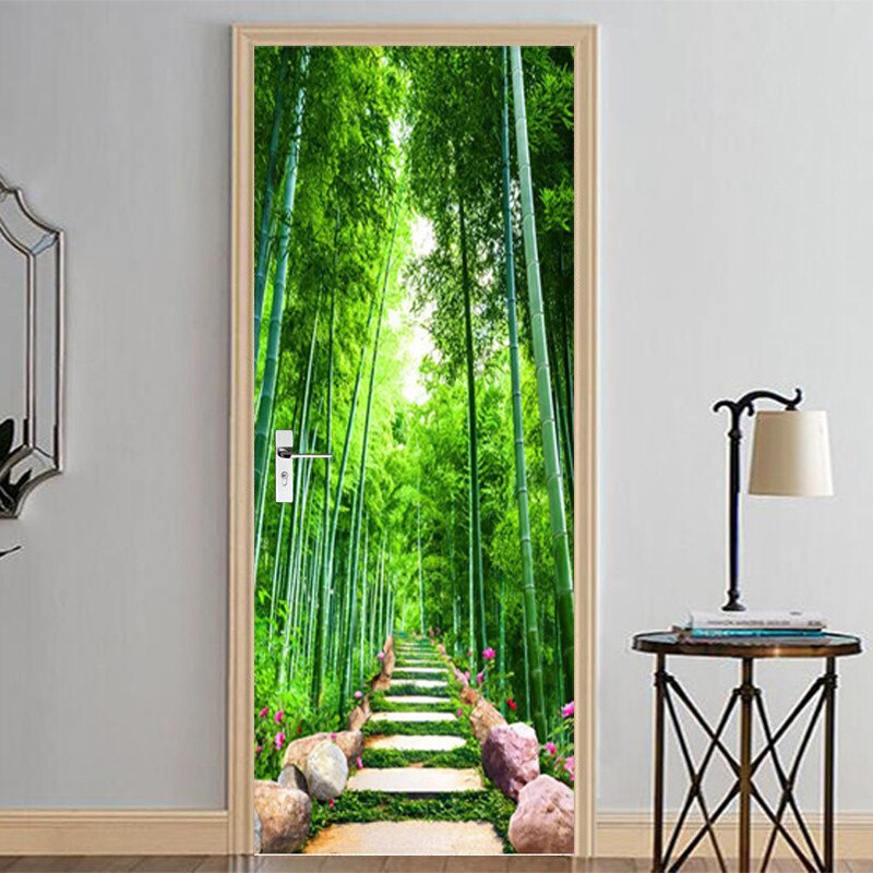Door Sticker Green Forest Nature Landscape Living Room Bedroom Wallpaper Pvc Self-Adhesive Home Decor Door Decals Wall Stickers