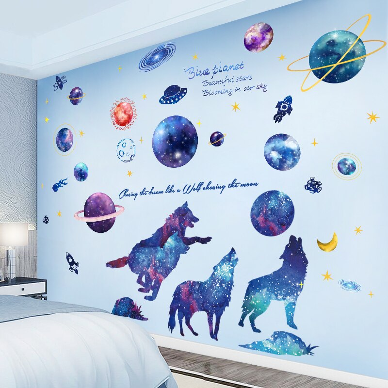Outer Space Planets Wall Stickers DIY Wolf Animals Wall Decals for Kids Rooms Baby Bedroom Children Nursery Home Decoration