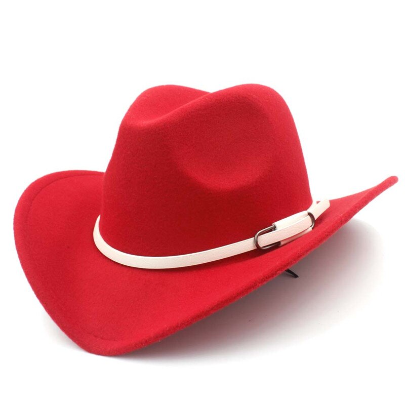 retro kvinner menn ull vestlig cowboyhatt rull-opp avlet kant filt cowgirl jazz gudfar sombrero lokk med hvitt belte størrelse 56-58cm