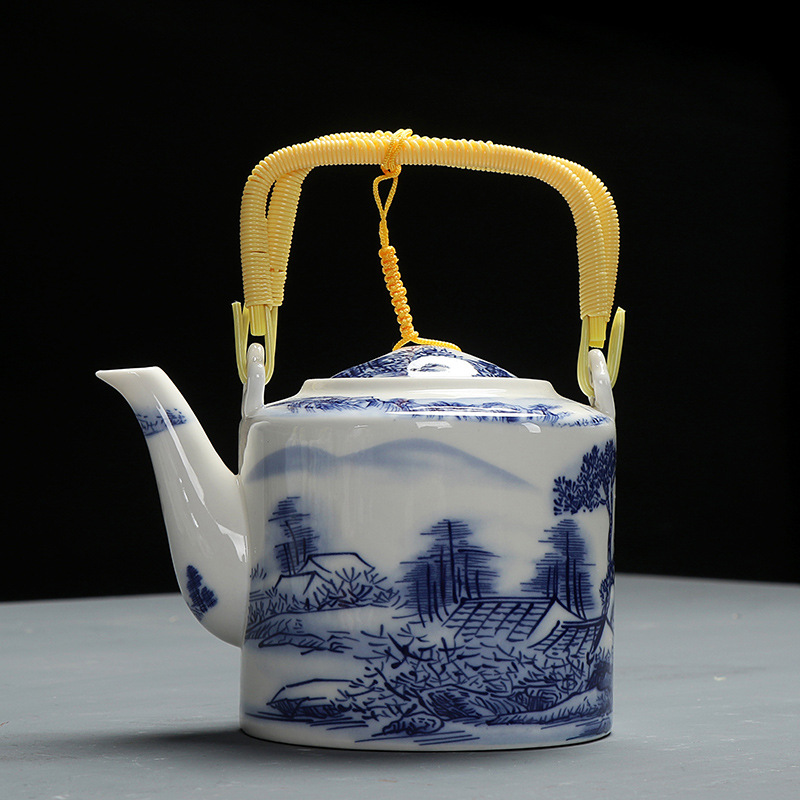Théière en céramique 800ml style chinois théière en porcelaine bleue et blanche imprimée à la main poignée en bois de bambou fournitures de cuisine: 3