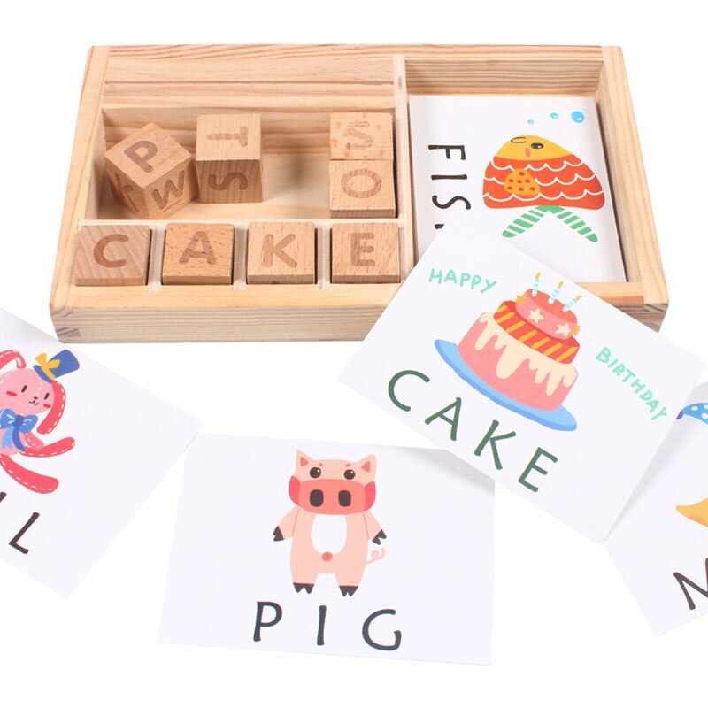 Houten spel met bijpassende letters voor kinderen, alfabet, woorden, spelling, letterblokken, educatief speelgoed