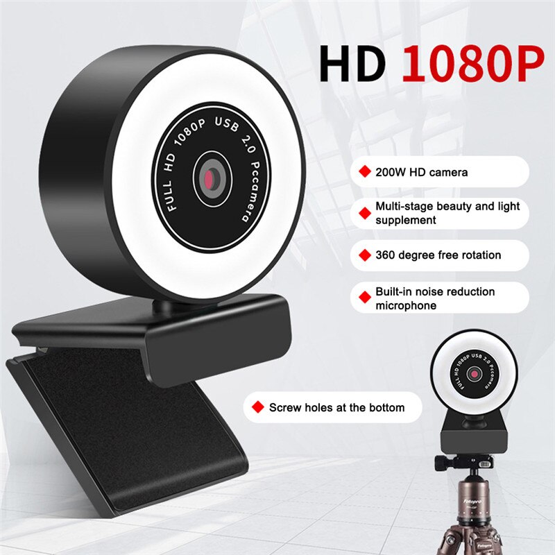 Autofocus Hd Webcam 1080P 2K Usb 5 Miljoen Pixels Web Camera Pc Laptop Desktop Computer Met Microfoon Ring licht Statief Web Cam: 1080P
