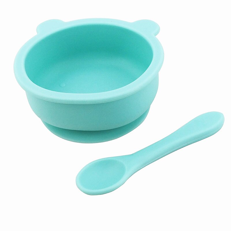 Chenkai 5Set 9 Color Baby Feeding Bowl Bear Shape Food Grade Silicone Anti-Flip Suction Tableware Infant Waterproof Bowl Spoon: Mint