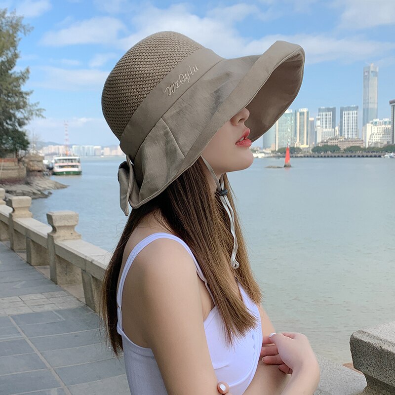Chapeau de soleil en maille souple pour femmes, seau pliable, à Large bord, nœud papillon, Anti-UV, pour la plage, nouveauté, été,