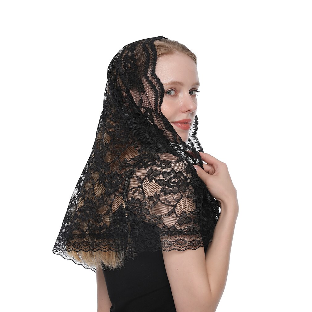 Wit Vrouwen Kanten Sjaal Voor Kerk Gebed Sjaal Geborduurde Kant Sluier Bloemen Christian Veils Spaanse Mantilla Kerk &#39;S Hanger: Round Style Black